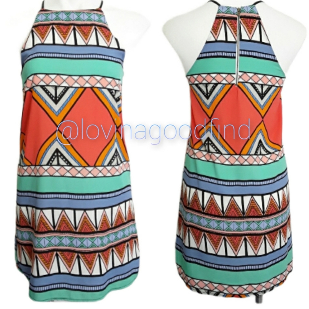 Everly High Neck Sleeveless Aztec Tribal Shift Dress EUC sz S